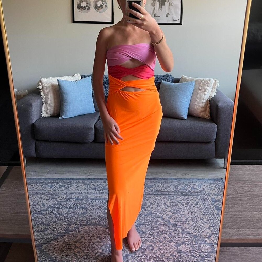 Pink and orange cutout strapless maxi dress with slit // Size small